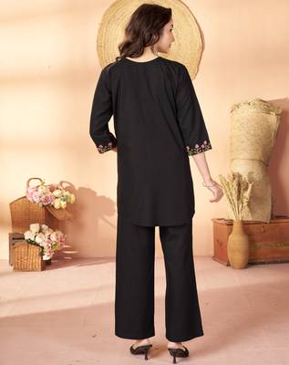 Black floral embroidered rayon co-ord set for women 2