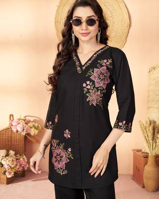 Black floral embroidered rayon co-ord set for women 3