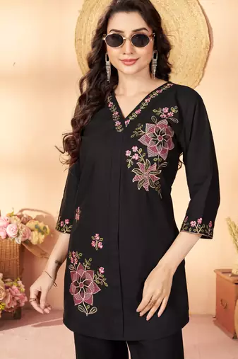 Black floral embroidered rayon co-ord set for women