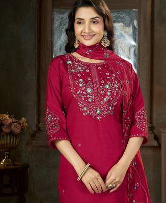 Pink floral embroidered silk kurti pent dupatta set for women 3