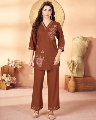 Brown floral embroidered rayon co-ord set for women 1