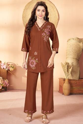 Brown floral embroidered rayon co-ord set for women