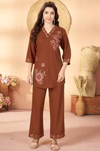 Brown floral embroidered rayon co-ord set for women