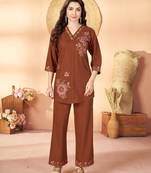 Brown floral embroidered rayon co-ord set for women