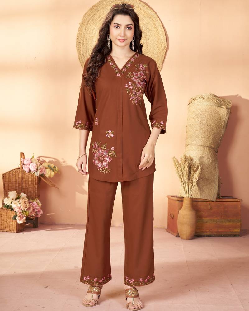 Brown floral embroidered rayon co-ord set for women