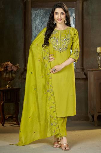 Green floral embroidered silk kurti pent dupatta set for women