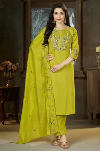Green floral embroidered silk kurti pent dupatta set for women