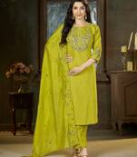 Green floral embroidered silk kurti pent dupatta set for women