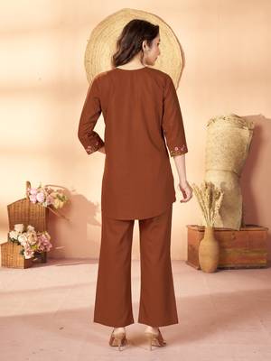 Brown floral embroidered rayon co-ord set for women 2