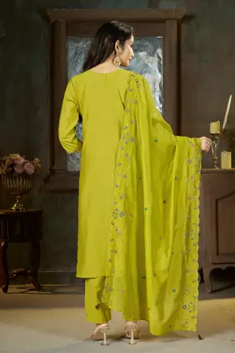 Green floral embroidered silk kurti pent dupatta set for women