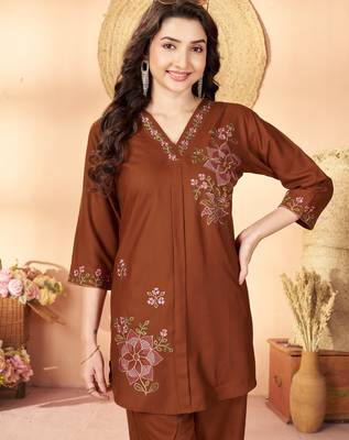 Brown floral embroidered rayon co-ord set for women 3