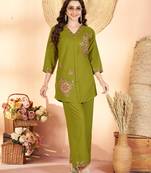 Dark green floral embroidered rayon co-ord set for women