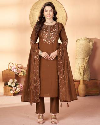 Brown floral embroidered silk kurti pent dupatta set for women 1
