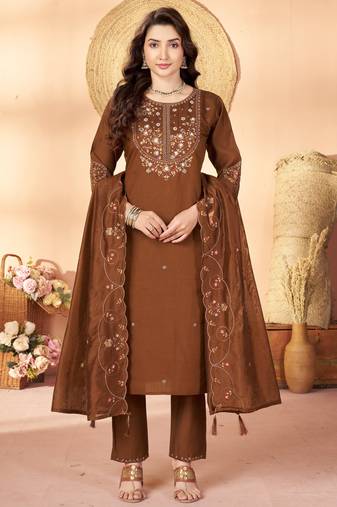 Brown floral embroidered silk kurti pent dupatta set for women