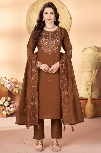 Brown floral embroidered silk kurti pent dupatta set for women