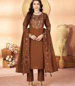 Brown floral embroidered silk kurti pent dupatta set for women