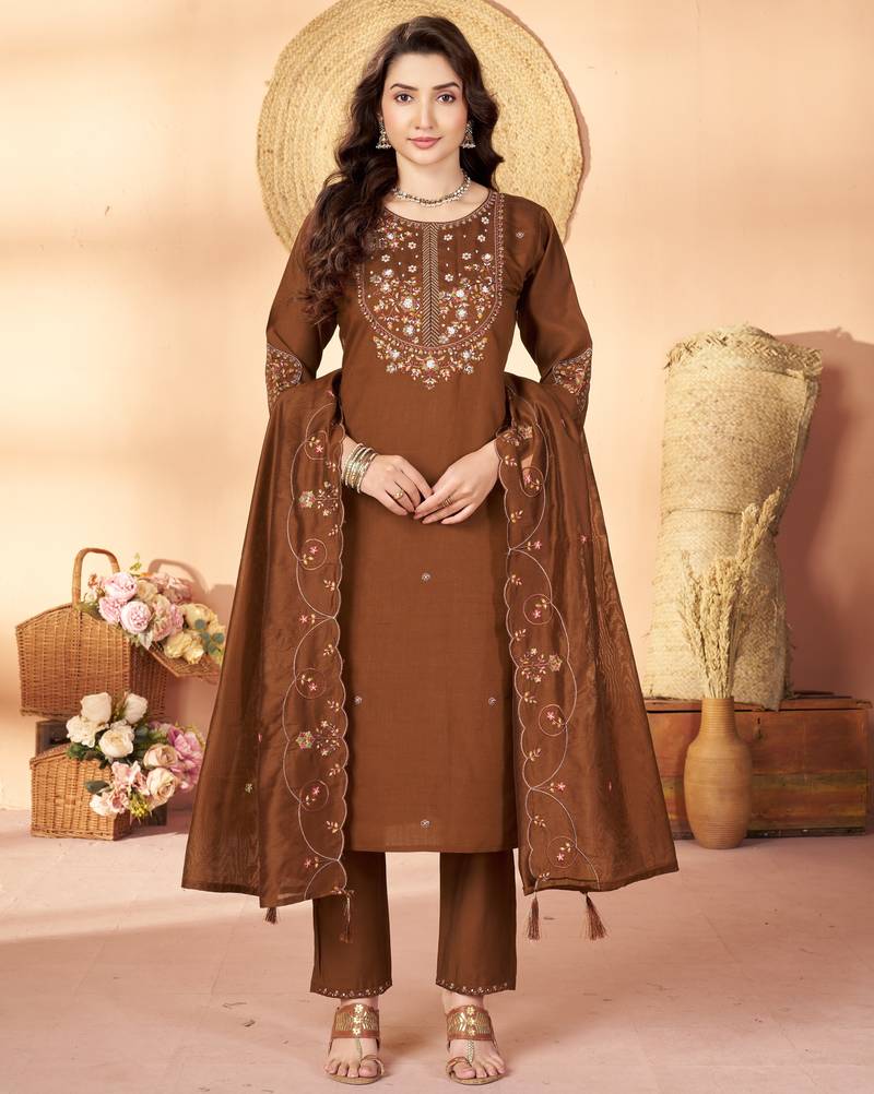 Brown floral embroidered silk kurti pent dupatta set for women