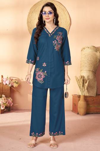 Blue floral embroidered rayon co-ord set for women