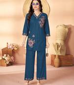 Blue floral embroidered rayon co-ord set for women