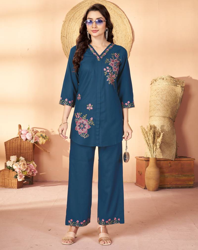 Blue floral embroidered rayon co-ord set for women