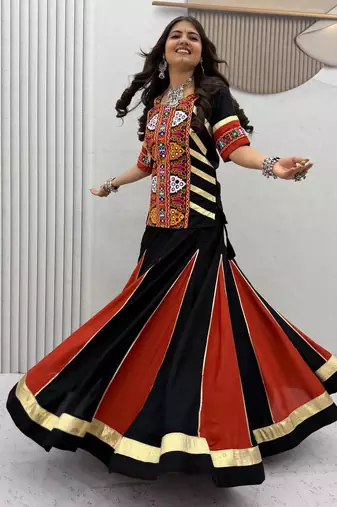 Black Multicolour Thread Navratri Lehenga Choli