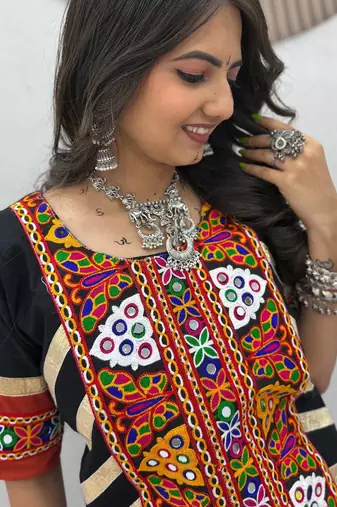 Black Multicolour Thread Navratri Lehenga Choli