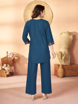 Blue floral embroidered rayon co-ord set for women 2
