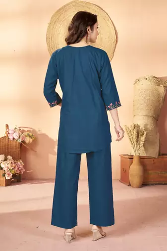 Blue floral embroidered rayon co-ord set for women