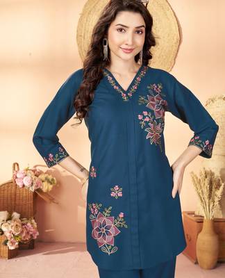 Blue floral embroidered rayon co-ord set for women 3