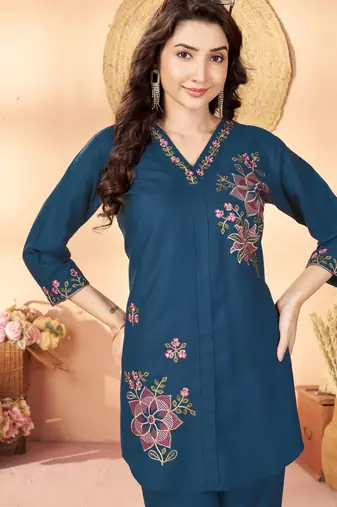 Blue floral embroidered rayon co-ord set for women