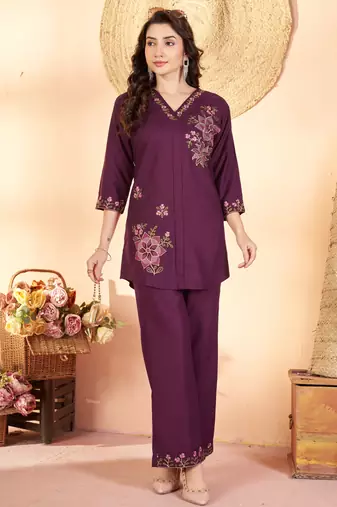 Wine floral embroidered rayon co-ord set for women