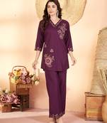 Wine floral embroidered rayon co-ord set for women