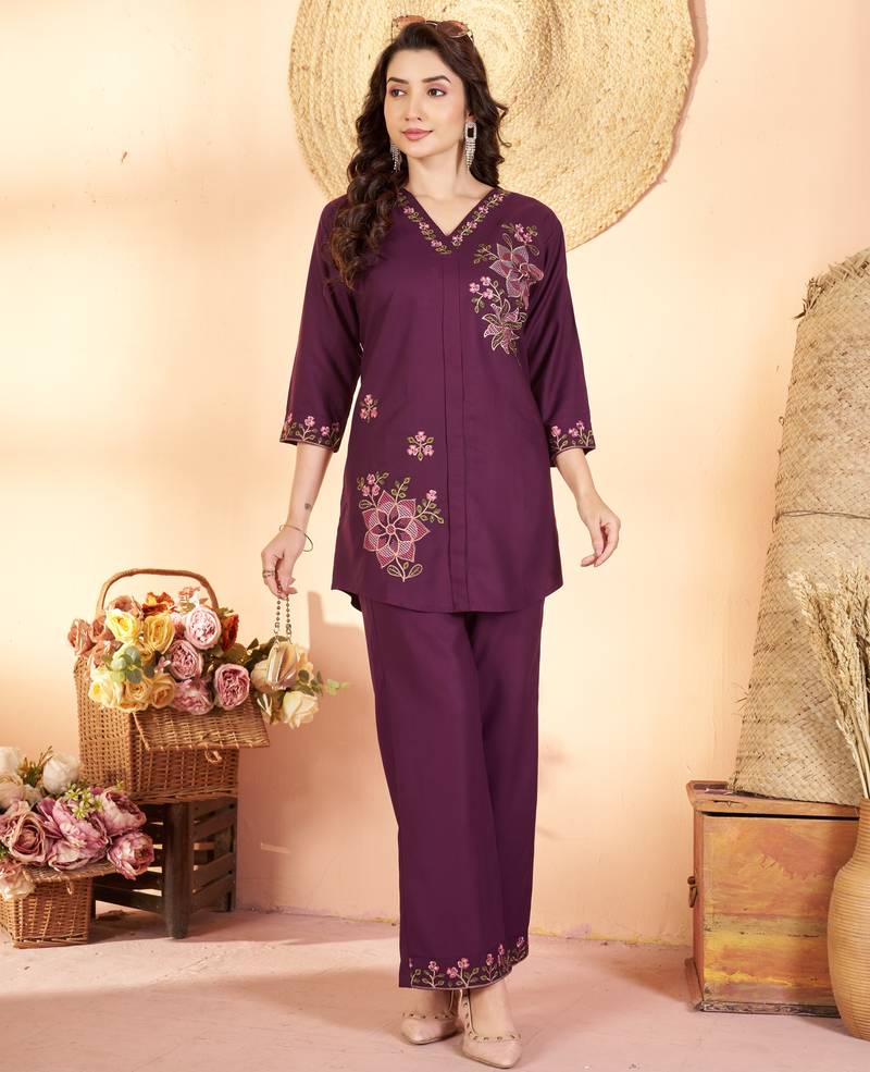 Wine floral embroidered rayon co-ord set for women