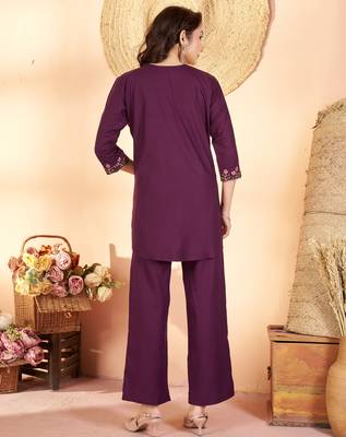 Wine floral embroidered rayon co-ord set for women 2