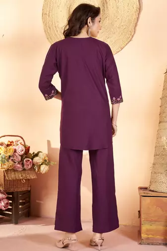 Wine floral embroidered rayon co-ord set for women