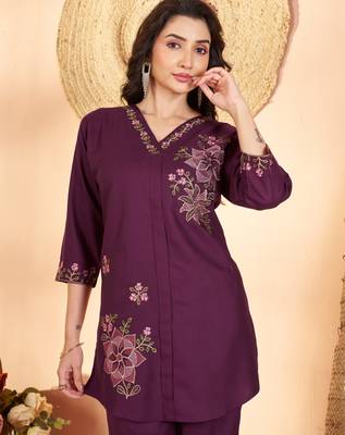 Wine floral embroidered rayon co-ord set for women 3