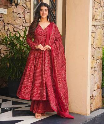 Red digital printed cotton kurta plazzo dupatta set for women 1