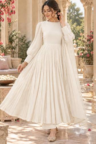 White cotton pleated anarkali suit