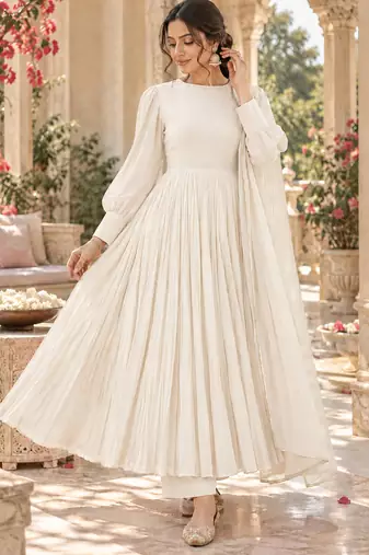 White cotton pleated anarkali suit