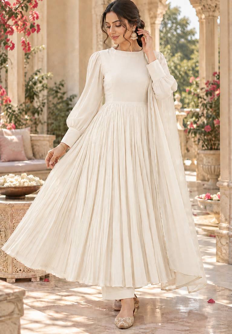 White cotton pleated anarkali suit