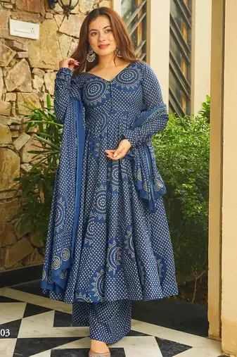Blue digital printed cotton kurta plazzo dupatta set for women