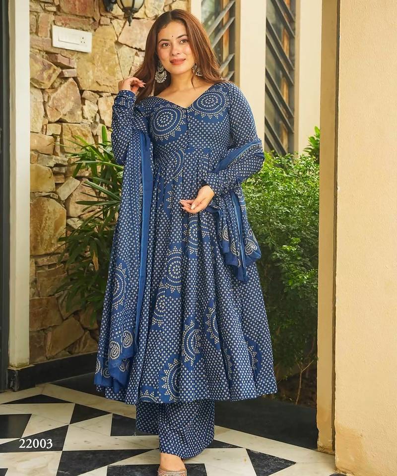 Blue digital printed cotton kurta plazzo dupatta set for women