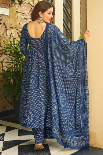 Blue digital printed cotton kurta plazzo dupatta set for women