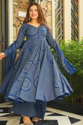 Blue digital printed cotton kurta plazzo dupatta set for women