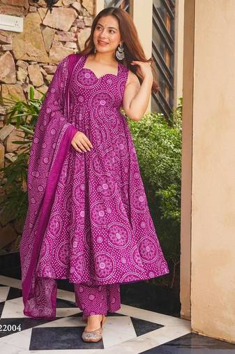 Purple digital printed cotton kurta plazzo dupatta set for women