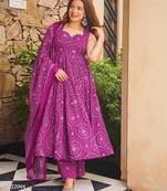 Purple digital printed cotton kurta plazzo dupatta set for women