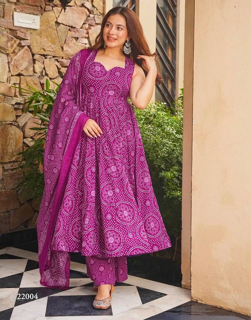Purple digital printed cotton kurta plazzo dupatta set for women