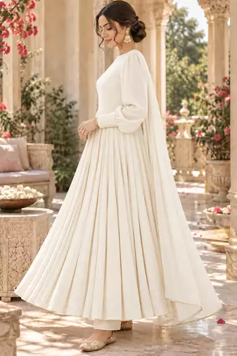 White cotton pleated anarkali suit