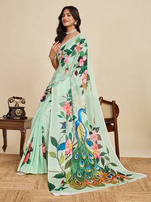 light green digital print chinon saree with blouse 1