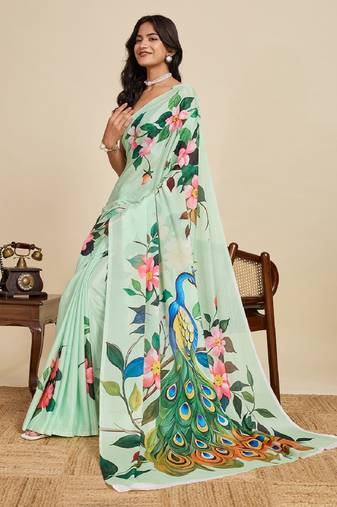 light green digital print chinon saree with blouse